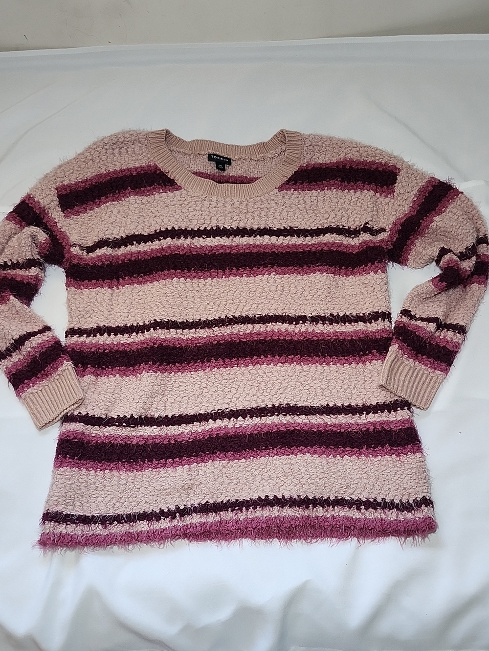 torrid Pink Striped Plush Crewneck Sweater with Berry & Plum Accents